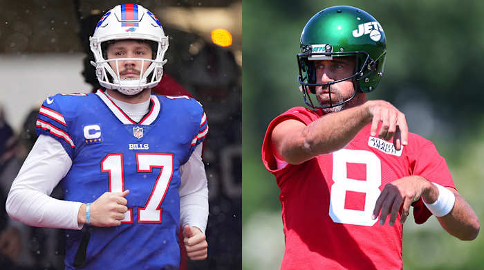 Bills quarterback Josh Allen and Jets quarterback Aaron Rodgers