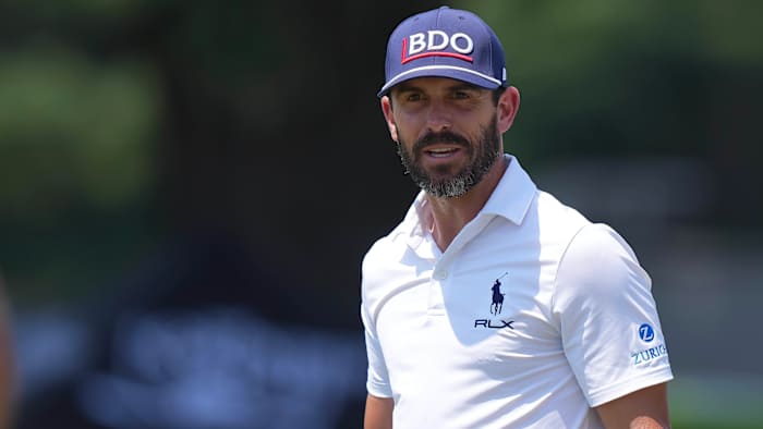 Billy Horschel on the practice green during the final round of the Wyndham Championship golf tournament.