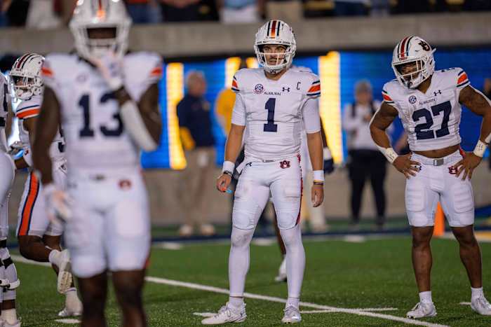 Sep 9, 2023; Berkeley, California, USA; Auburn Tigers quarterback Payton Thorne (1) looks in for the play during the first quarter against the California Golden Bears at California Memorial Stadium. Mandatory Credit: Neville E. Guard-USA TODAY Sports