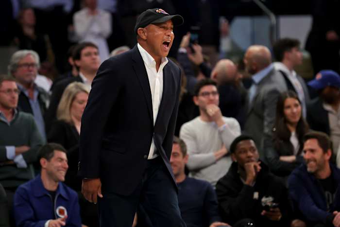 May 2, 2023; New York, New York, USA; New York Knicks former player John Starks cheers during the fourth quarter of game two of the 2023 NBA Eastern Conference semifinal playoffs against the Miami Heat at Madison Square Garden.