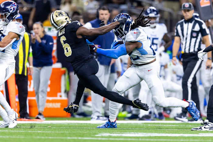 Derrick Henry (22) rushes against New Orleans Saints safety Marcus Maye (6) at the Caesars Superdome.