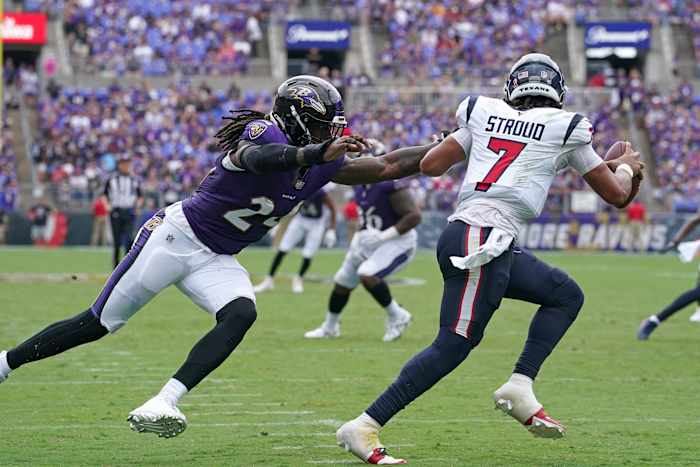 Sep 10, 2023; Baltimore, Maryland, USA; Baltimore Ravens Jadeveon Clowney linebacker (24) pressures Houston Texans quarterback C.J. Stroud (7) in the second quarter at M&T Bank Stadium. Mandatory Credit: Mitch Stringer-USA TODAY Sports