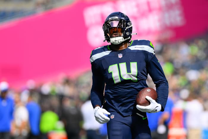 Sep 10, 2023; Seattle, Washington, USA; Seattle Seahawks wide receiver DK Metcalf (14) prior to the game against the Los Angeles Rams at Lumen Field. Mandatory Credit: Steven Bisig-USA TODAY Sports