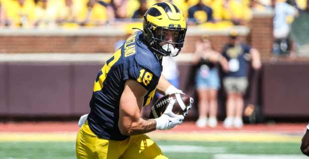 Michigan Wolverines tight end Colston Loveland catches a pass during a college football game in the Big Ten.