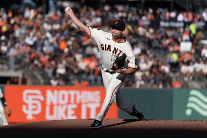 SF Giants starting pitcher Keaton Winn pitches during the first inning against the Colorado Rockies at Oracle Park on September 10, 2023.