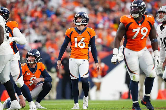 Denver Broncos place kicker Wil Lutz (16) looks on following a unsuccessful field goal attempt in the third quarter against the Las Vegas Raiders at Empower Field at Mile High.