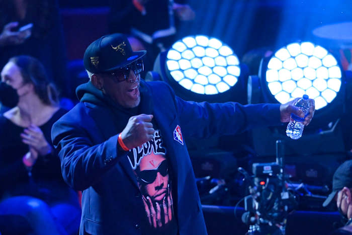 Feb 20, 2022; Cleveland, Ohio, USA; Dennis Rodman is honored during halftime in the 2022 NBA All-Star Game at Rocket Mortgage FieldHouse.