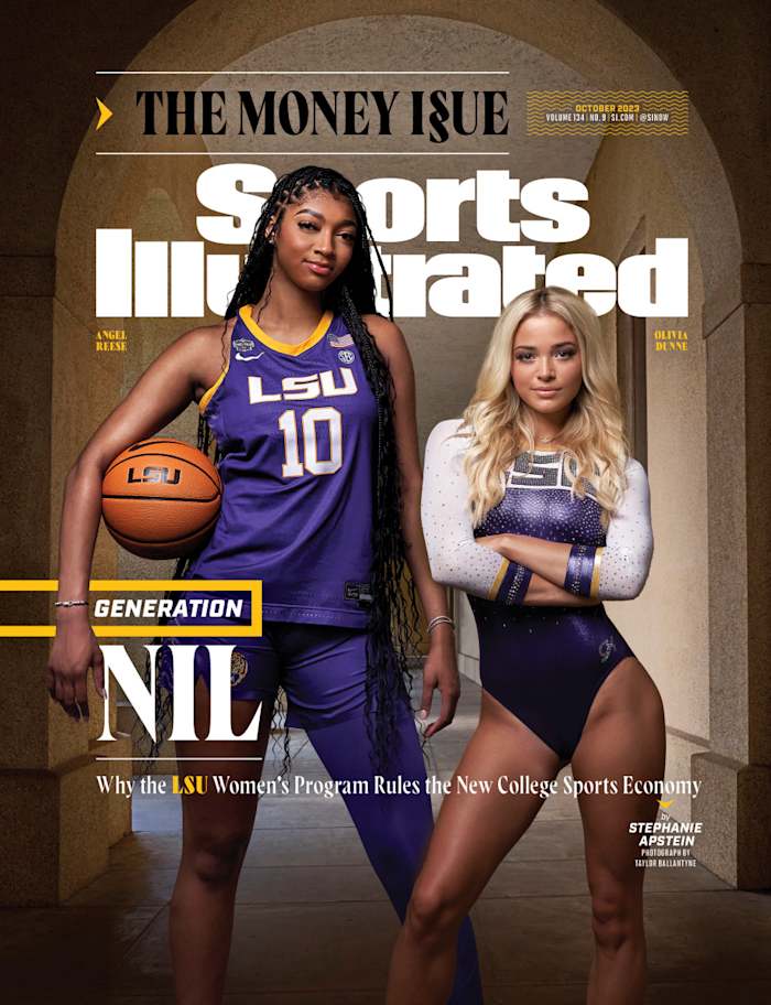 LSU basketball player Angel Reese and LSU gymnast Olivia Dunne pose next to each other on the cover of Sports Illustrated's .Money Issue.