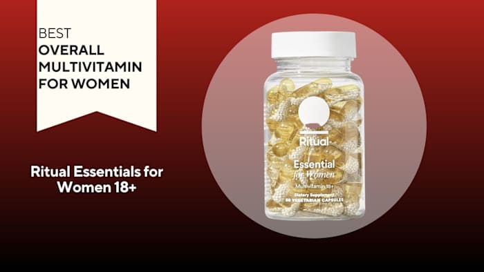 A red background with a banner reading "Best Overall Multivitamin for Women" next to a clear bottle of Ritual Essential for Women Multivitamin 18+ capsules