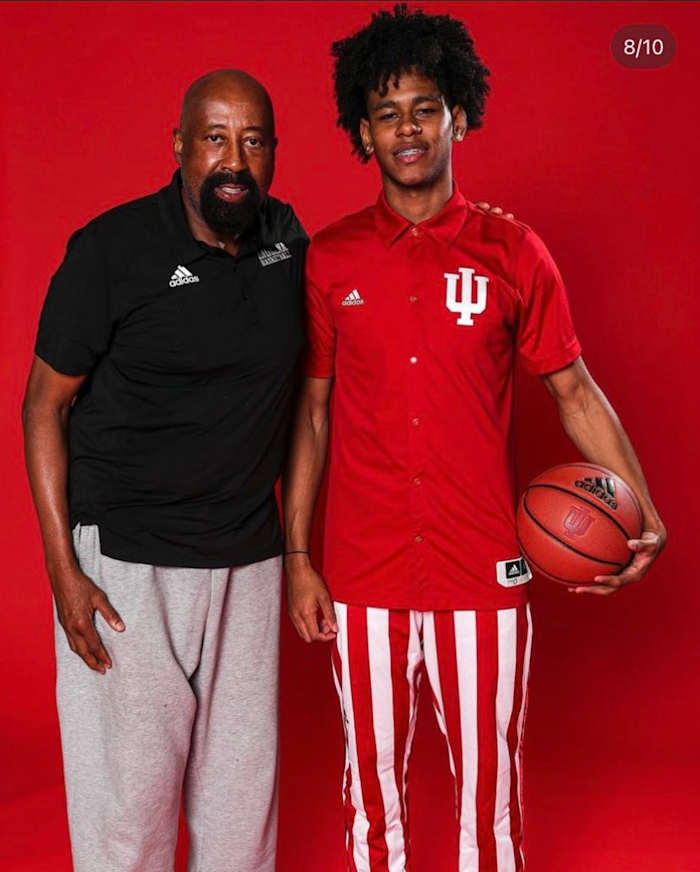 Indiana coach Mike Woodson and class of 2024 guard Jaeden Mustaf pictured together during Mustaf's official visit to Bloomington in June.