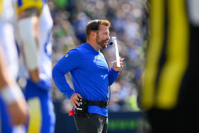 Sep 10, 2023; Seattle, Washington, USA; Los Angeles Rams head coach Sean McVay during the second half against the Seattle Seahawks at Lumen Field. Mandatory Credit: Steven Bisig-USA TODAY Sports