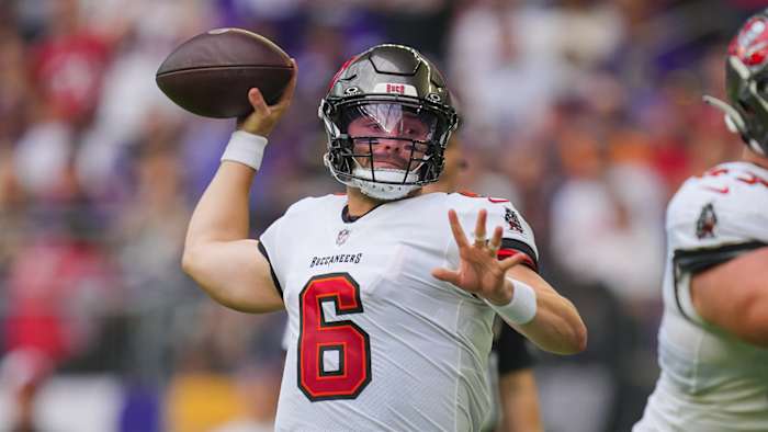 Sep 10, 2023; Minneapolis, Minnesota, USA; Tampa Bay Buccaneers quarterback Baker Mayfield (6) passes against the Minnesota Vikings in the first quarter at U.S. Bank Stadium.