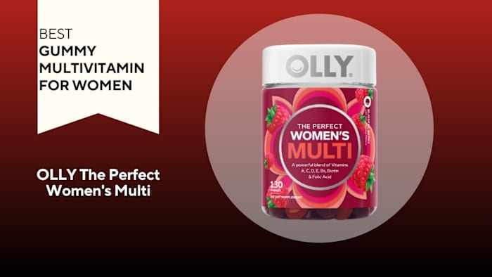 A red background with a banner reading "Best Gummy Multivitamin for Women" next to a pink and maroon bottle of Olly The Perfect Women's Multi gummy vitamins