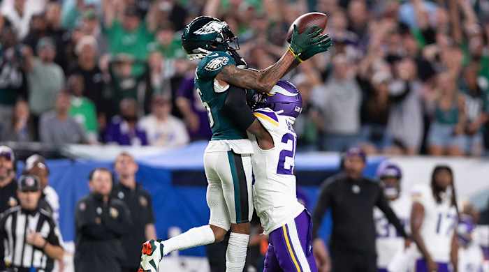 Eagles receiver DeVonta Smith had four catches for 131 yards and a score against the Vikings in Week 2 on Thursday night.