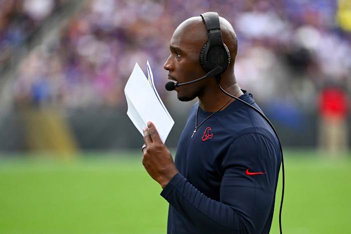 Sep 10, 2023; Baltimore, Maryland, USA; Houston Texans head coach DeMeco Ryans looks on against the Baltimore Ravens during the second half at M&T Bank Stadium.