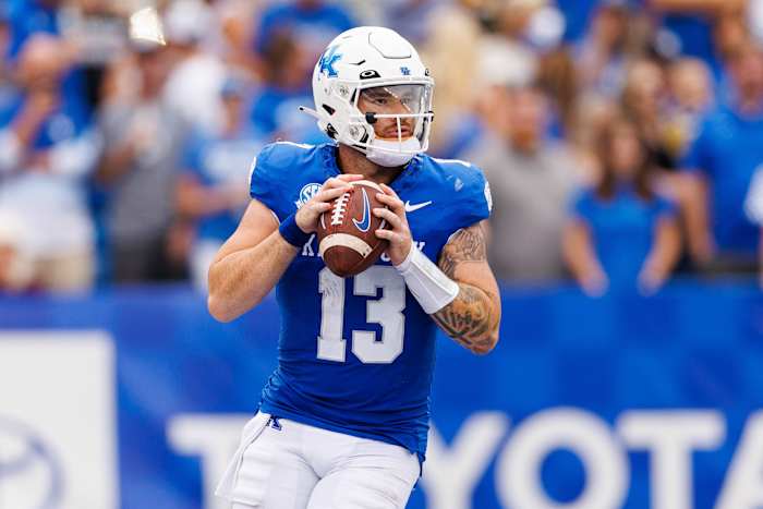 Sep 9, 2023; Lexington, Kentucky, USA; Kentucky Wildcats quarterback Devin Leary (13) during the second quarter against the Eastern Kentucky Colonels at Kroger Field. Mandatory Credit: Jordan Prather-USA TODAY Sports
