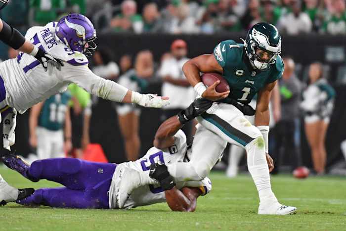 Jalen HUrts has found it hard to run in the first two games as defenses key on him.