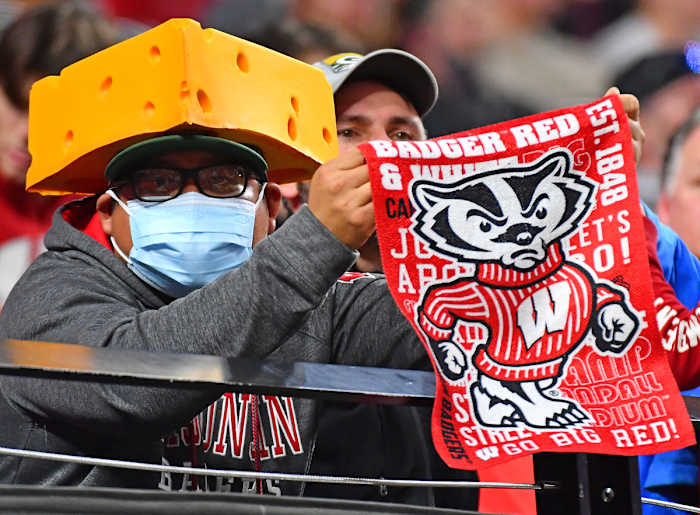 Dec 30, 2021; Paradise, Nevada, USA; A Wisconsin Badgers fan is pictured during fourth quarter of the 2021 Las Vegas Bowl as the Badgers played against the Arizona State Sun Devils at Allegiant Stadium. Mandatory Credit: Stephen R. Sylvanie-USA TODAY Sports