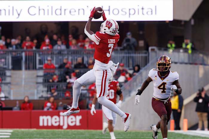 Nov 26, 2022; Madison, Wisconsin, USA; Wisconsin Badgers wide receiver Keontez Lewis (3) catches a pass during the second quarter against the Minnesota Golden Gophers at Camp Randall Stadium. Mandatory Credit: Jeff Hanisch-USA TODAY Sports