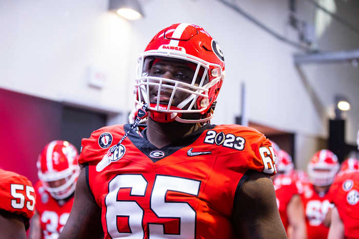 Georgia Bulldogs offensive lineman Amarius Mims (65) against the TCU Horned Frogs during the CFP national championship game at SoFi Stadium. Mandatory Credit: Mark J. Rebilas-USA TODAY Sports