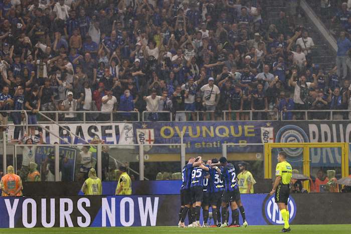Inter Milan players and fans pictured celebrating a goal during a 5-1 win over AC Milan in September 2023