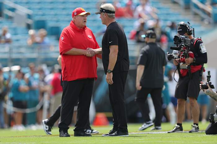 Sep 17, 2023; Jacksonville, Florida, USA; Kansas City Chiefs head coach Andy Reid and Jacksonville Jaguars head coach Doug Pederson talk before a game at EverBank Stadium. Mandatory Credit: Nathan Ray Seebeck-USA TODAY Sports  