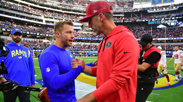 Sean McVay and Kyle Shanahan shake hands after a game