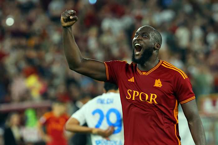 Romelu Lukaku pictured celebrating after scoring his first goal for Roma in a 7-0 win over Empoli