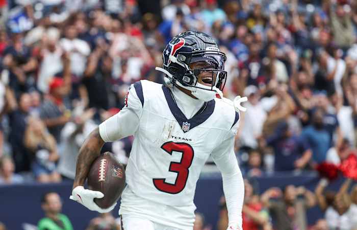 Sep 17, 2023; Houston, Texas, USA; Houston Texans wide receiver Tank Dell (3) shouts after scoring a touchdown during the fourth quarter against the Indianapolis Colts at NRG Stadium. Mandatory Credit: Troy Taormina-USA TODAY Sports