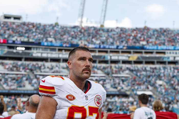 Sep 17, 2023; Jacksonville, Florida, USA; Kansas City Chiefs tight end Travis Kelce (87) before the game against Jacksonville Jaguars at EverBank Stadium. Mandatory Credit: Morgan Tencza-USA TODAY Sports