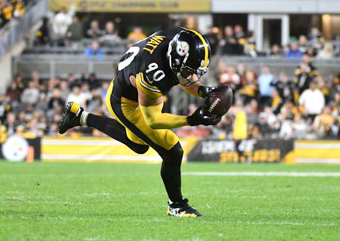 Sep 18, 2023; Pittsburgh, Pennsylvania, USA; Pittsburgh Steelers linebacker T.J. Watt (90) recovers a fumble and takes it into the endzone for a touchdown in the fourth quarter against the Cleveland Browns at Acrisure Stadium. The score put the Steelers ahead as they won 26-22. Mandatory Credit: Philip G. Pavely-USA TODAY Sports