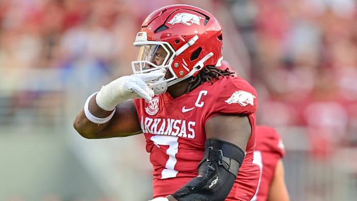 Razorbacks defensive end Trajan Jeffcoat in BYU game on Saturday