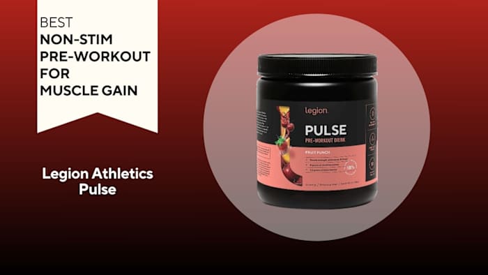 A red background with a white banner that says Best Non-Stim Pre-Workout for Muscle Gain next to a black bottle with a pink label that says Legion Pulse Pre-Workout Drink