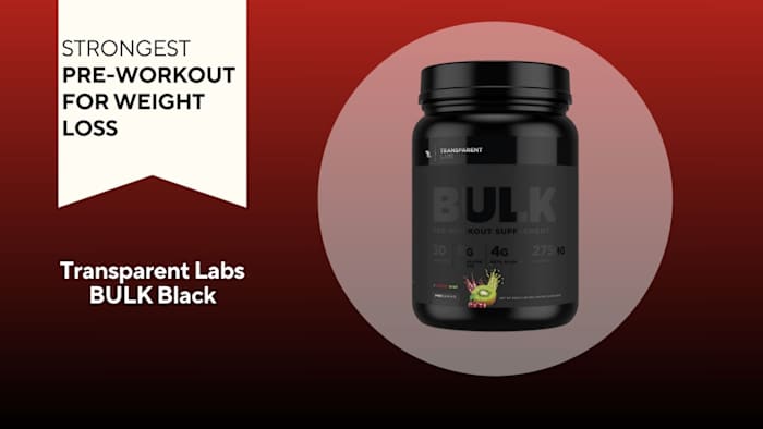 A red background with a white banner that says, "Strongest Pre-Workout for Weight Loss" next to a black container of Transparent Labs BULK Black pre-workout in Strawberry Kiwi flavor