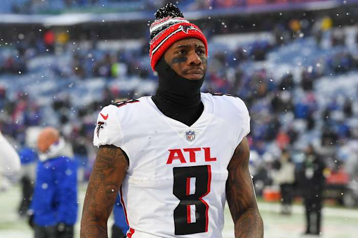 Kyle Pitts and the Falcons will wear their white uniform tops in Week 3. (Rich Barnes/USA Today)
