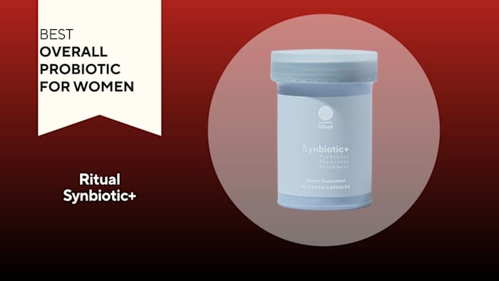 A red background with a white banner that says, "Best Overall Probiotic for Women" next to a light blue and white bottle of Ritual Synbiotic plus