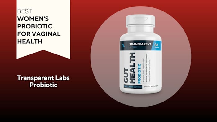 A red background with a white banner that says, "Best Women's Probiotic for Vaginal Health" next to a white and navy bottle of Transparent Labs Gut Health Probiotic