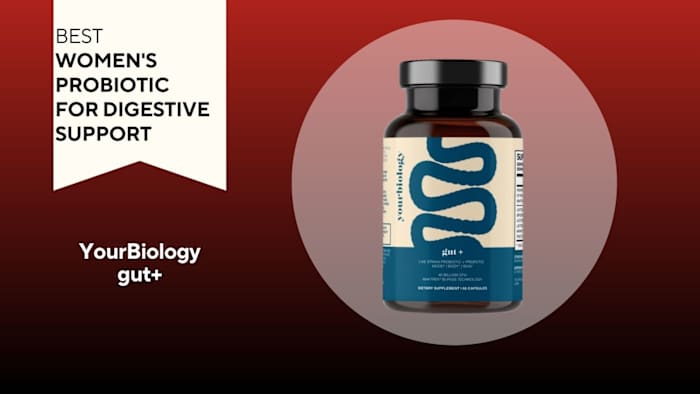 A red background with a white banner that says, "Best Women's Probiotic for Digestive Support" next to a tan and navy bottle of Your Biology gut plus