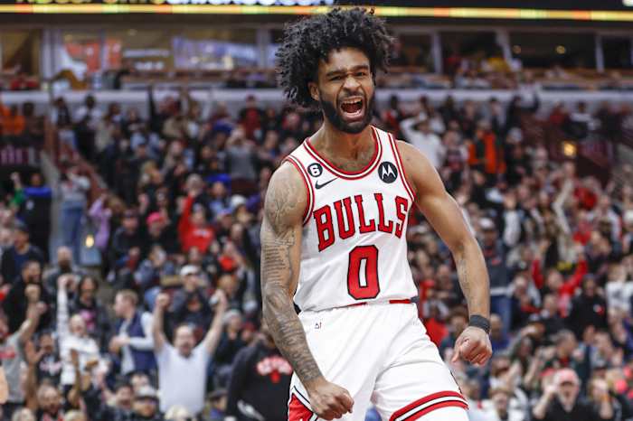 Chicago Bulls guard Coby White (0) reacts after scoring against the Memphis Grizzlies during the second half at United Center