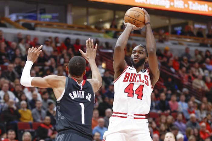 Chicago Bulls forward Patrick Williams (44) shoots against Houston Rockets forward Jabari Smith Jr. (1)