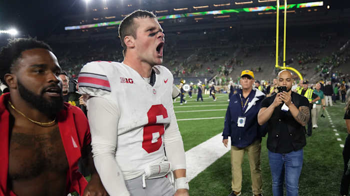 McCord celebrates after No. 6 Ohio State's 17-14 win over No.
9 Notre Dame on Sept. 23, 2023.