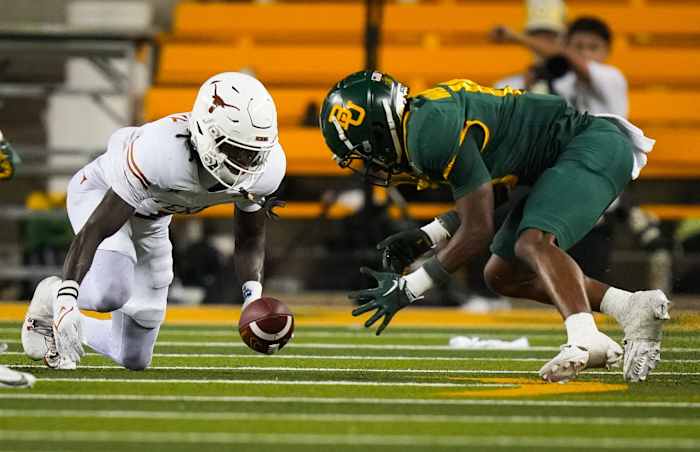 Xavier Worthy muffs a punt vs. Baylor.