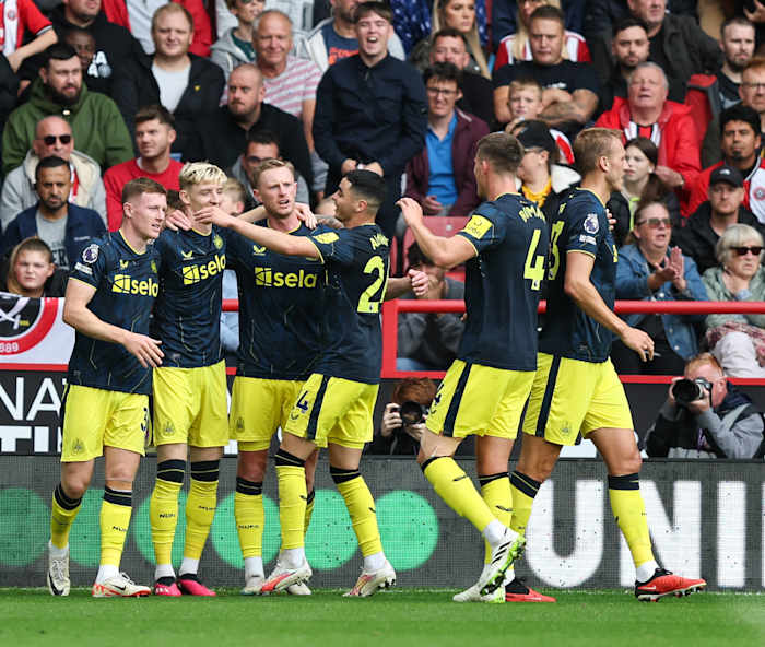 Newcastle United's players pictured celebrating a goal during an 8-0 away win at Sheffield United in September 2023