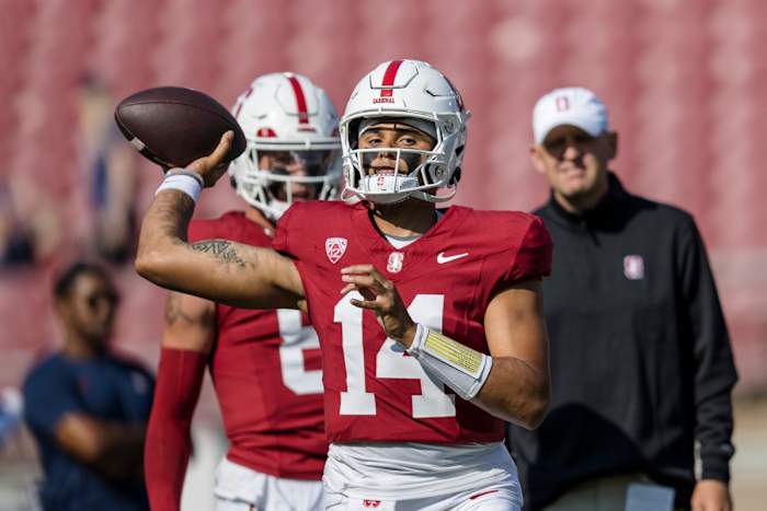 Sep 23, 2023; Stanford, California, USA; Stanford Cardinal quarterback Ashton Daniels (14) passes during warm up before the game against the Arizona Wildcats at Stanford Stadium. Mandatory Credit: John Hefti-USA TODAY Sports