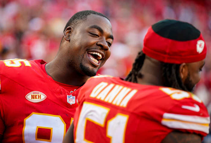 Sep 24, 2023; Kansas City, Missouri, USA; Kansas City Chiefs defensive tackle Chris Jones (95) talks with defensive end Mike Danna (51) during the second half against the Chicago Bears at GEHA Field at Arrowhead Stadium. Mandatory Credit: Jay Biggerstaff-USA TODAY Sports  