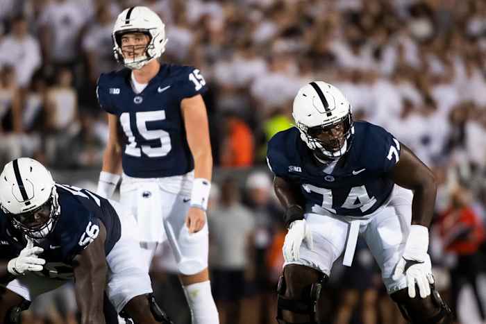 Penn State left tackle Olu Fashanu (74) was named the Outland Trophy National Player of the Week after the Nittany Lions' win over Iowa.