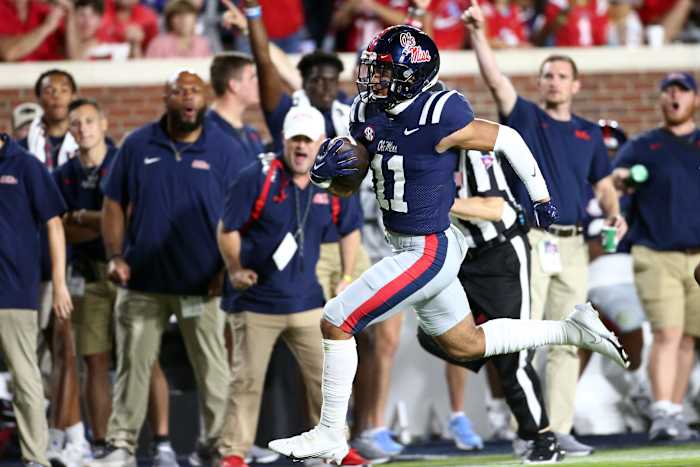 Jordan Watkins races down the field for a score against the Georgia Tech Yellow Jackets in Week 3.