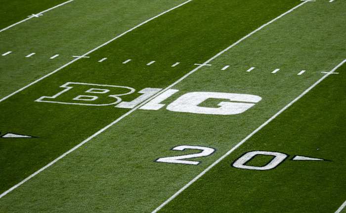 Sep 23, 2023; University Park, Pennsylvania, USA; A detailed view of the Big Ten Conference logo on the field prior to the game between the Iowa Hawkeyes and the Penn State Nittany Lions at Beaver Stadium. Mandatory Credit: Matthew O'Haren-USA TODAY Sports
