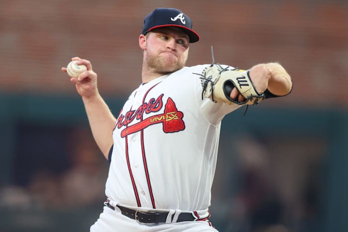 Sep 26, 2023; Atlanta, Georgia, USA; Atlanta Braves starting pitcher Bryce Elder (55) throws against the Chicago Cubs in the first inning at Truist Park.