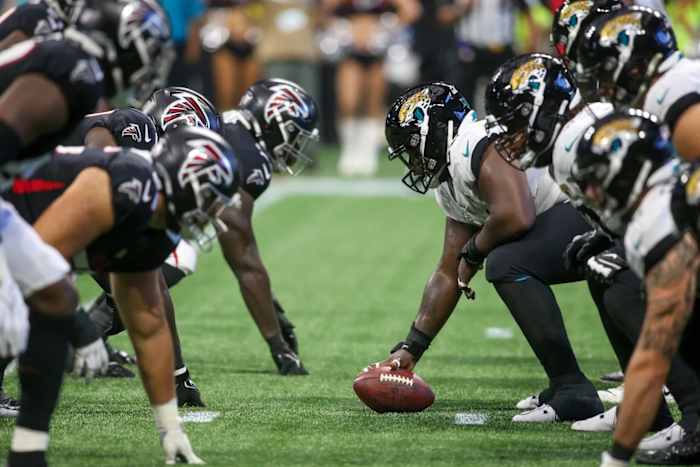 Aug 27, 2022; Atlanta, Georgia, USA; A general view of the line of scrimmage during a game between the Atlanta Falcons and Jacksonville Jaguars in the first half at Mercedes-Benz Stadium.